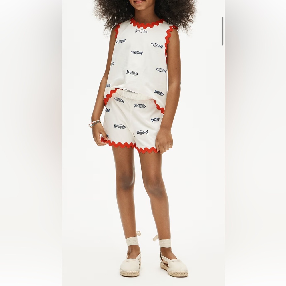 JCrew cut kids Cream Fish Print Shorts with Red Trim size 8 New Retail $59